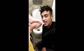 Sucking my horny friend cock in a public toilet