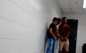 Group of young guys meet in the public bathroom to masturbate