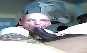 White sissy dude sucking a huge black cock in prison