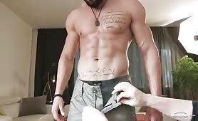 sexy muscled dude helping him self with sex toys